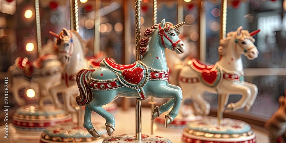 Love-themed Carousel - Design a whimsical carousel adorned with heart-shaped horses and charming details. This playful scene captures the essence of joy and love in a carnival setting