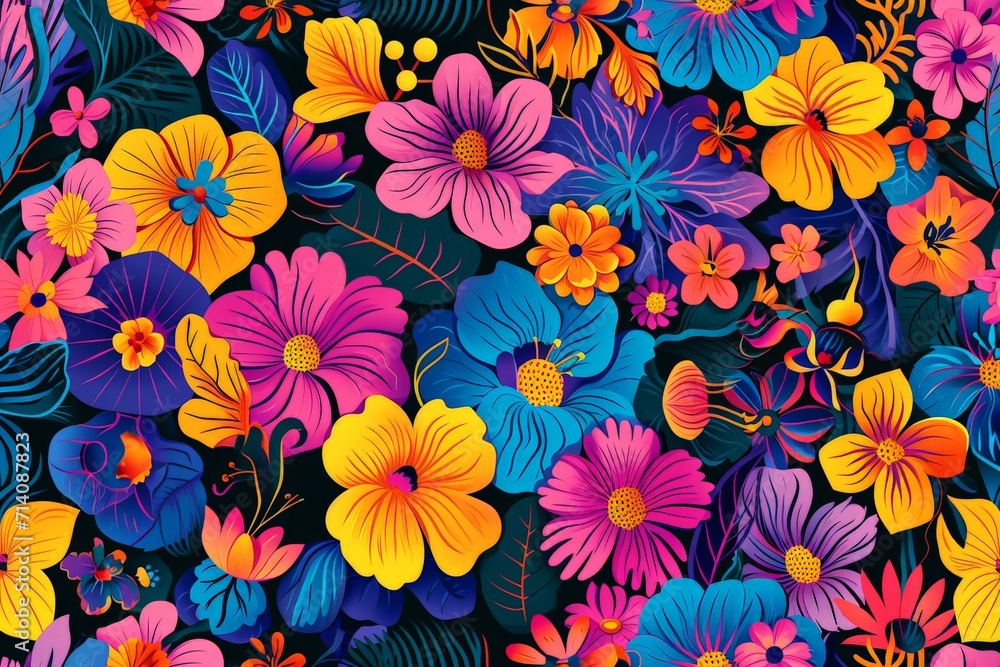 Colorful Flowers on Black Background