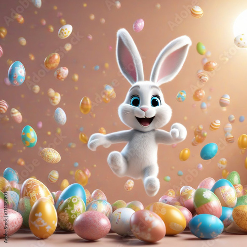 happy Easter bunny jumping with joy with many Easter eggs