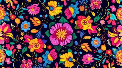 Vibrant Flower Pattern on Black Background
