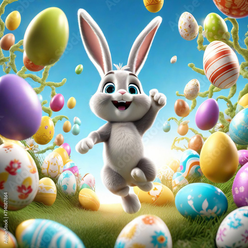 happy Easter bunny jumping with joy with many Easter eggs © VSzili