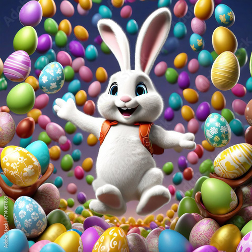 happy Easter bunny jumping with joy with many Easter eggs © VSzili