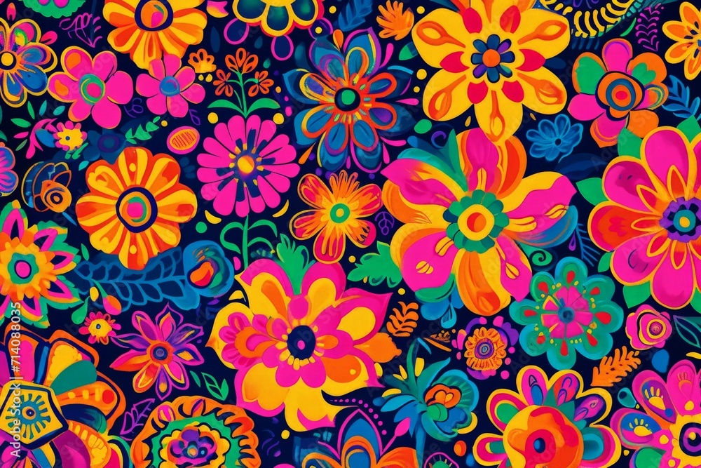 Colorful Flower Pattern on Blue Background Colorful Flower Pattern on Blue Background