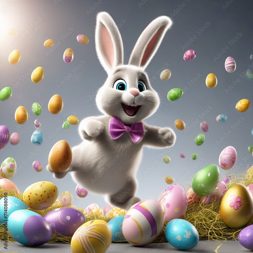 happy Easter bunny jumping with joy with many Easter eggs happy Easter bunny jumping with joy with many Easter eggs