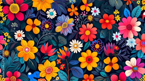 Colorful Flowers and Leaves on Black Background