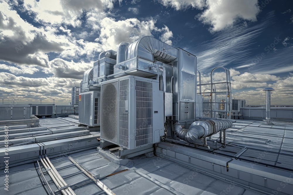 Residential and commercial rooftop with sharp-focused, hyper-realistic AC installation Residential and commercial rooftop with sharp-focused, hyper-realistic AC installation