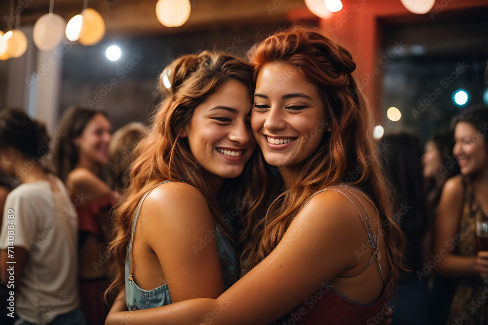 Lesbian couple hugging at a party Lesbian couple hugging at a party
