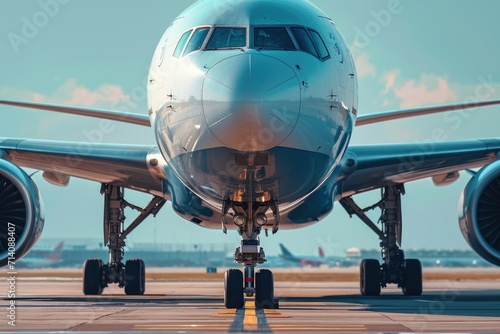 Close-up shot of a powerful airliner on the tarmac, ready for takeoff. The metallic fuselage and intricate engine blades reflect the energy and motion of air travel