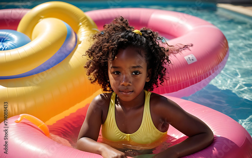 Cute African American girl swimming in the pool on a swimming ring