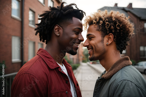 Couple of gay men smiling at each other standing on the street
