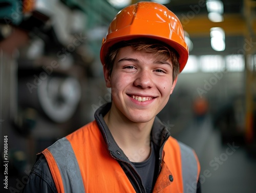 Close-up portrait of a young engineer in a vibrant, modern factory