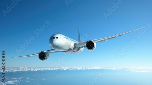 Sleek, modern airliner soaring through a clear blue sky, showcasing the beauty and power of aviation and technology