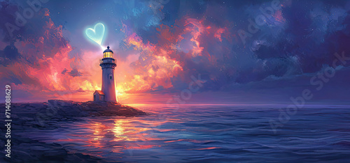 Heart-shaped Lighthouse Beacon - Illustrate a coastal scene with a lighthouse beaming a heart-shaped light across the water. The symbolism of guidance and love adds depth and romance #714088629