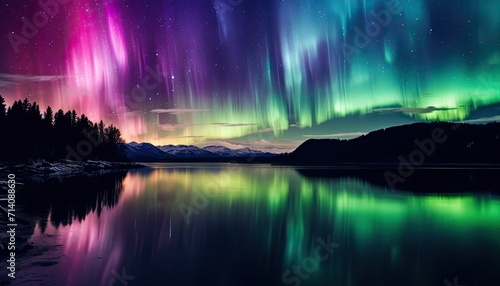 View of night sky with multicolored aurora borealis and snowy mountains peak background. Night glows in vibrant aurora reflection on the lake with forest. 