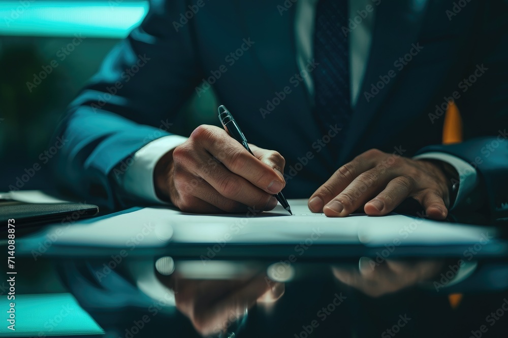 A confident businessman signing a document at a luxurious desk with soft lighting