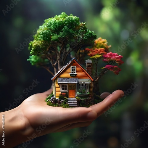 A hand holding a small house with a tree AI.