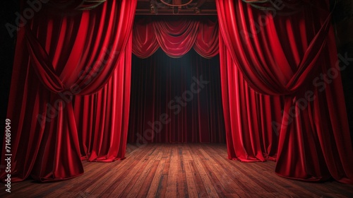 Stage With Red Curtain and Chandelier