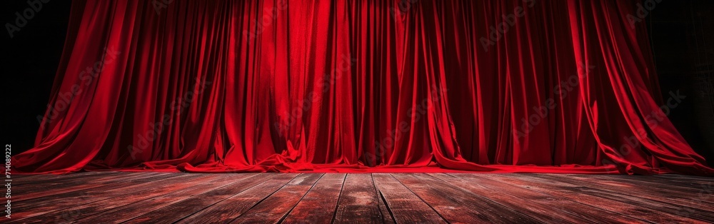 Red Curtain and Wooden Floor - obrazy, fototapety, plakaty 