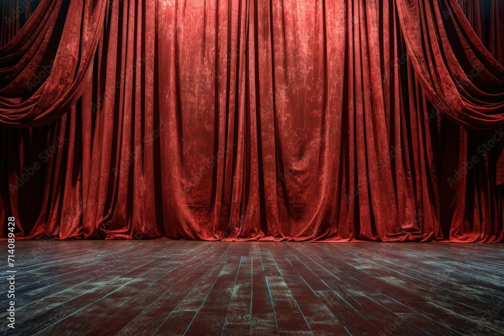 Empty Stage With Red Curtain and Wooden Floor - obrazy, fototapety, plakaty 