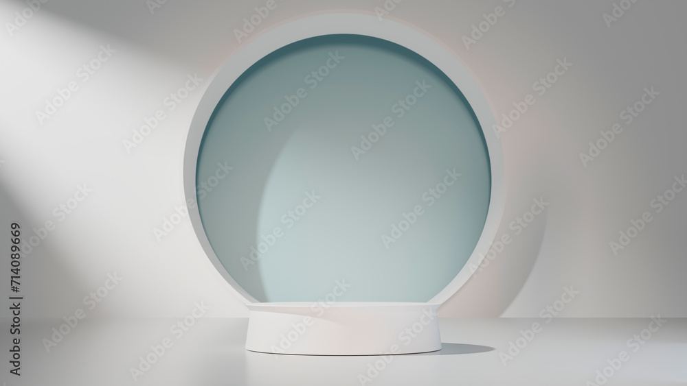 White empty podium or pedestal for product presentation. Mockup platform on white and blue background. 3d rendering White empty podium or pedestal for product presentation. Mockup platform on white and blue background. 3d rendering