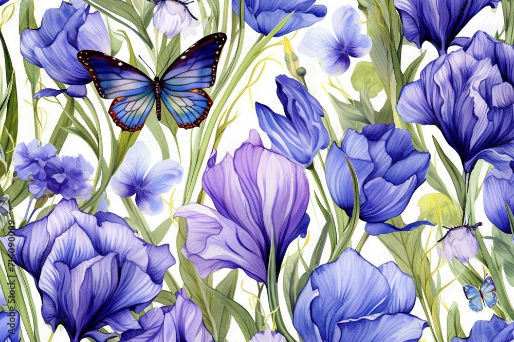 Botanical art. Blue and purple flowers like irises, tulips, bluebells, poppies, ranunculuses, muscari, with butterfly, caterpillar, grasshopper. Pattern on fabric and card. Generative AI