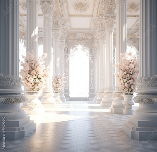 Romantic Bridal Room  Arch Pillars and Roses  Interior Elegance  Hall of Arches and Flowers  White Petals Romance  Wedding Ambiance  Floral Elegance  Bridal Serenity  Rose-Adorned Hall  Romantic Inter