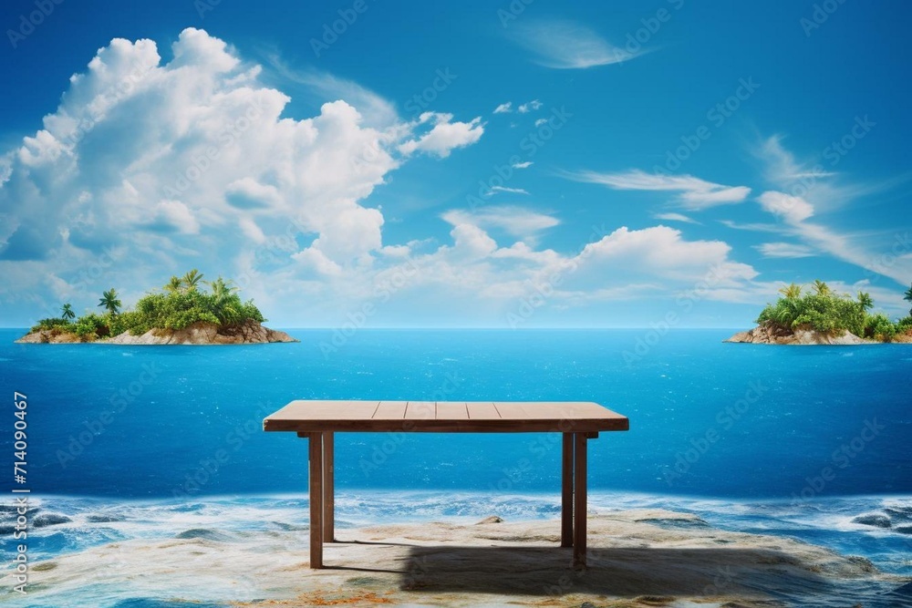 Table with sea, island, and blue sky background. Generative AI
