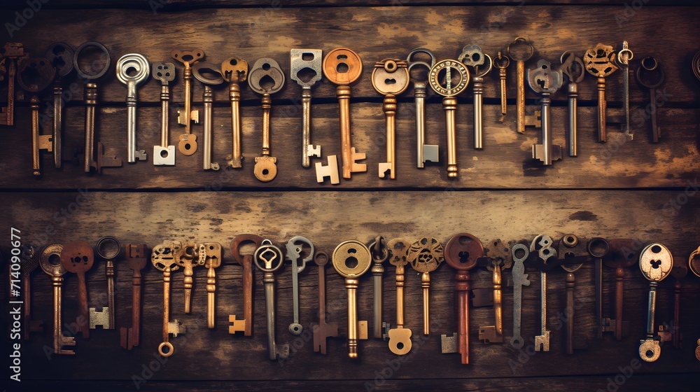 Encryption and Security concept image. Old and vintage keys, arranged randomly, many from 1800s, on an old grungy wooden desk.
 - obrazy, fototapety, plakaty 