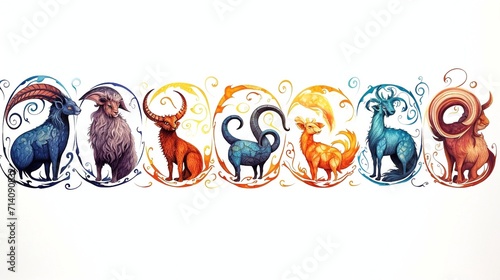 Set of zodiac signs with colorful mystical animals on white background. Zodiac horoscope. photo