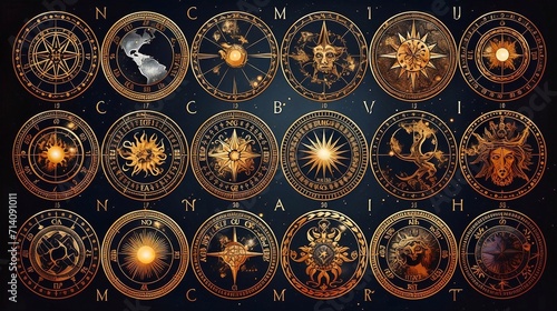 Zodiac signs and symbols in vintage style. A collection of golden zodiac horoscopes © Oleh