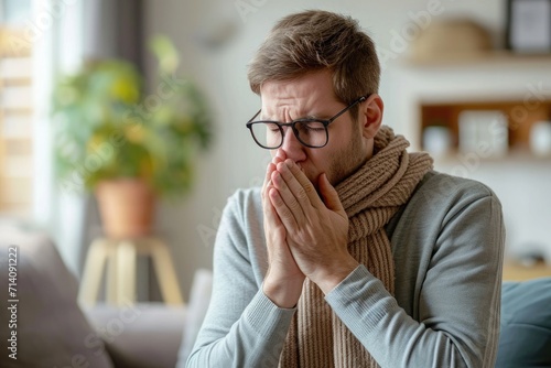 poorly man coughing and sneezing sitting on a sofa