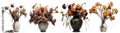 Set of vases with wilted flowers, cut out photo