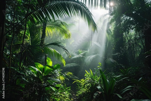tropical trees in sunlight in rainforest