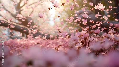 Magnificent scene of cherry blossoms flower petals floating and blown in a spring breeze. Focus is the background trees. photo