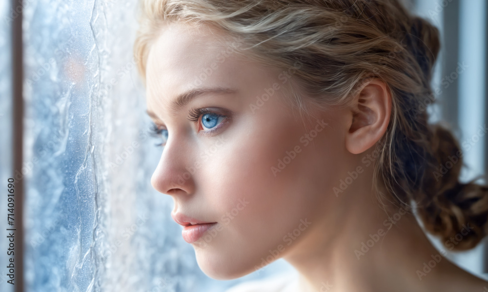 Portrait of a young woman with blue eyes against a background of frosty glass Portrait of a young woman with blue eyes against a background of frosty glass
