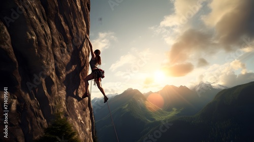 Powerful sportive rock climber climbing