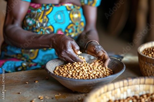 Faceless African Woman Engaged in Traditional Peeling and Shelling Beans Activity at Kitchen Table. Agriculture  Farming  and Food Concept with Copy Space.