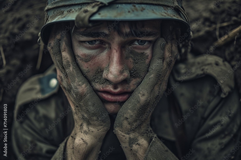 young soldier crying in the trench in world war 2,gloomy weather