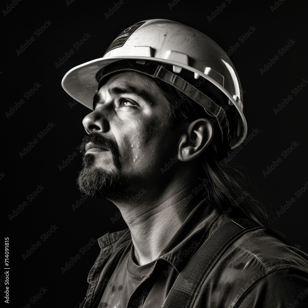 Black and white portrait of construction worker man with helmet Black and white portrait of construction worker man with helmet