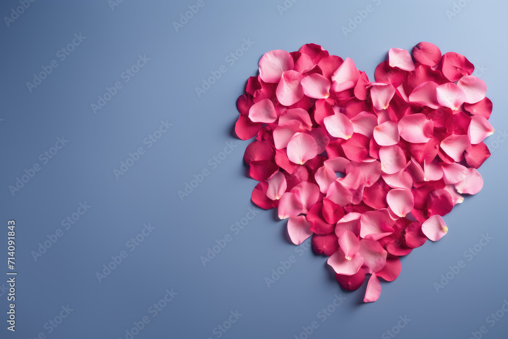 Heart-Shaped Pink Rose Petals on Light Blue, Generative AI