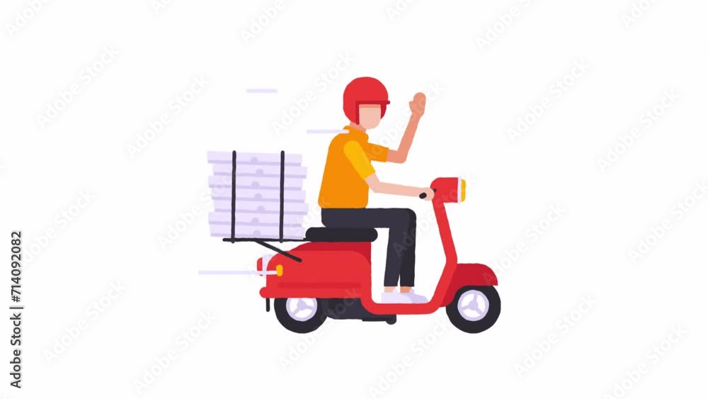 Courier delivers pizza on scooter waves hand and drives along screen. Alpha channel Courier delivers pizza on scooter waves hand and drives along screen. Alpha channel