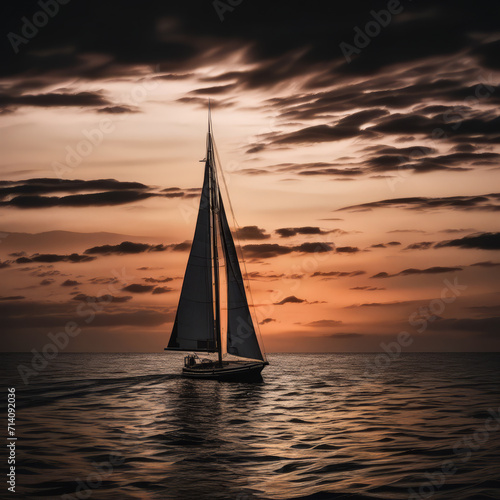 sailing boat at sunset on a cloudy sky