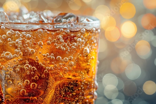 close up of a fizzy drink in a glass with ice and bubbles and bokeh on background