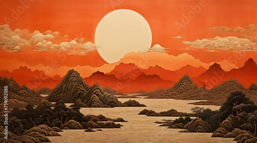 sun or moon horizon drawing, japanese style.