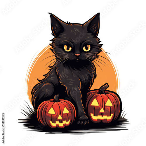 Black cat and illuminated pumpkin face