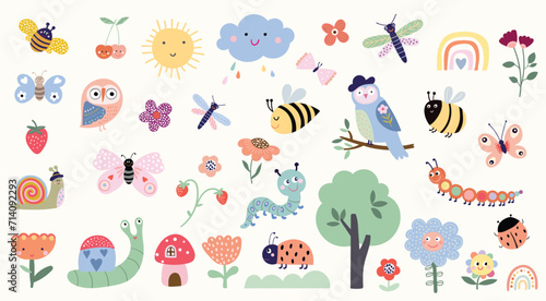 Spring time elements collection, funny animals, insects and flowers, childish seasonal design