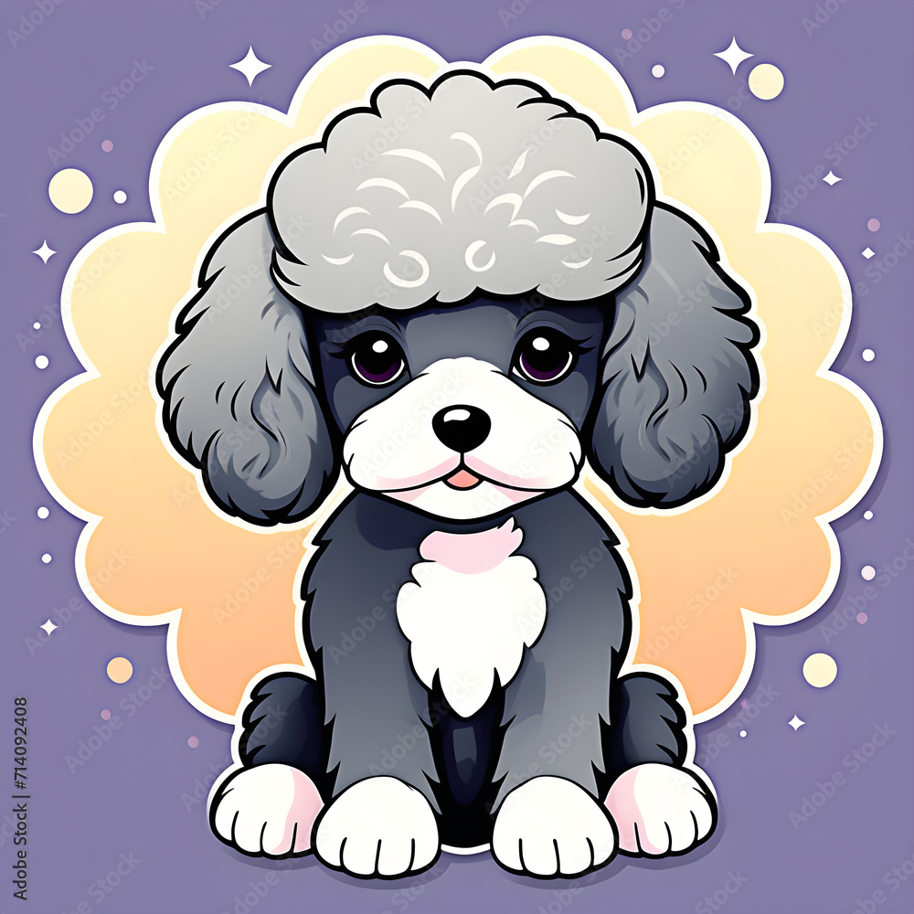 cute cartoon sticker art design of a gray, black and white poodle dog puppy cute cartoon sticker art design of a gray, black and white poodle dog puppy