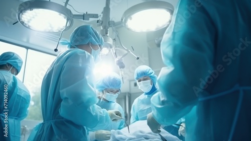 Group of surgeons in protective uniforms operate with professional equipment on patient in hospital