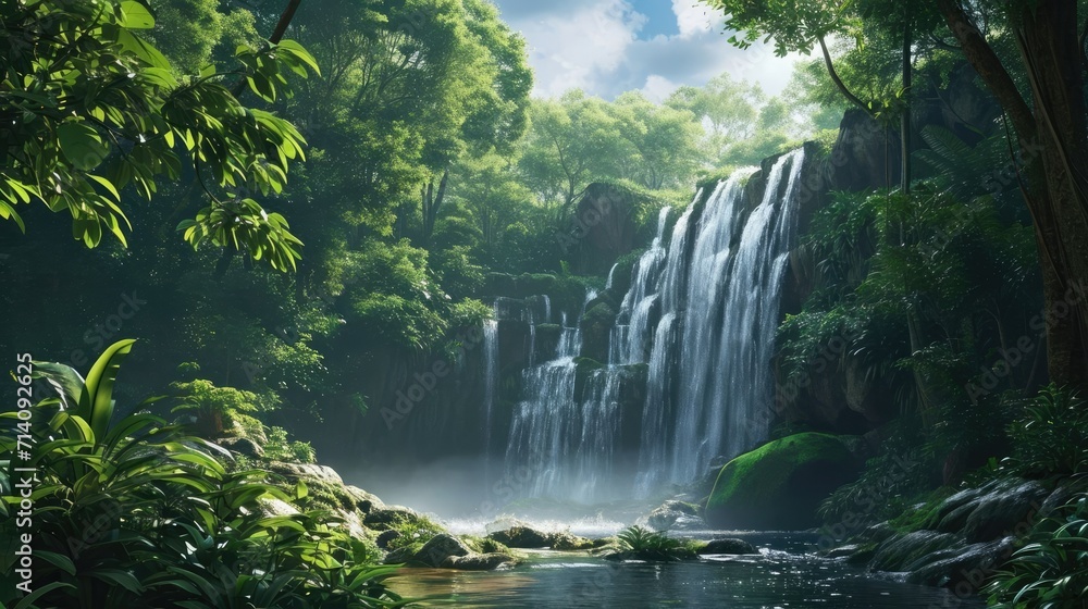 Fototapeta premium Nature's Trail - Exploring Serene Forests and Discovering Hidden Waterfalls