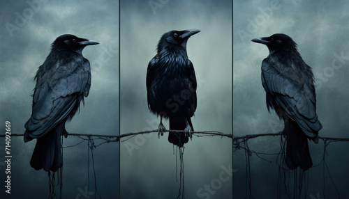 Black crow horror concept surreal triptych composition background photo